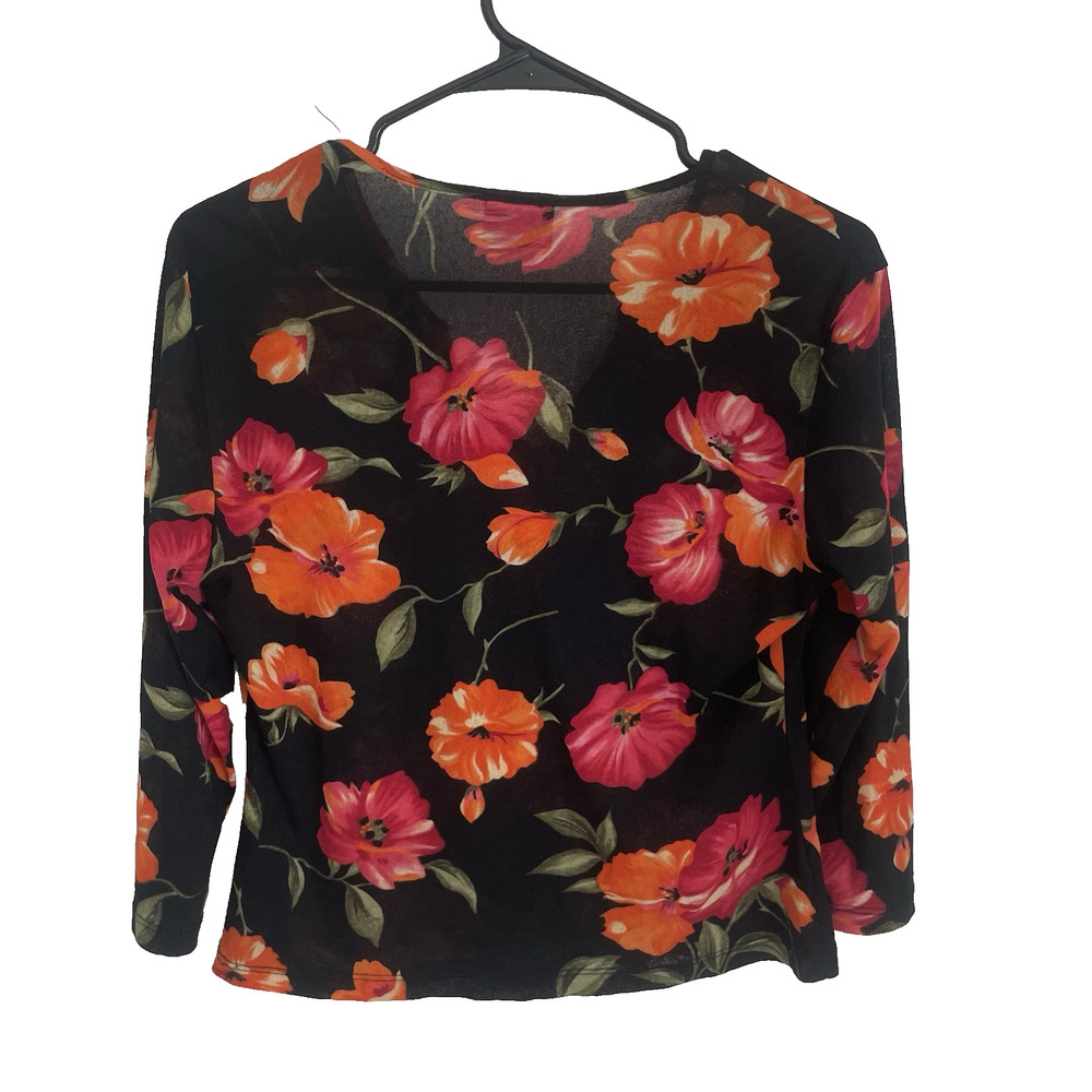 Y2K Floral Mesh Ruffle Top Sheer Long Sleeve Whimsigoth Romantic Black‎ M Fairy - Picture 2 of 7